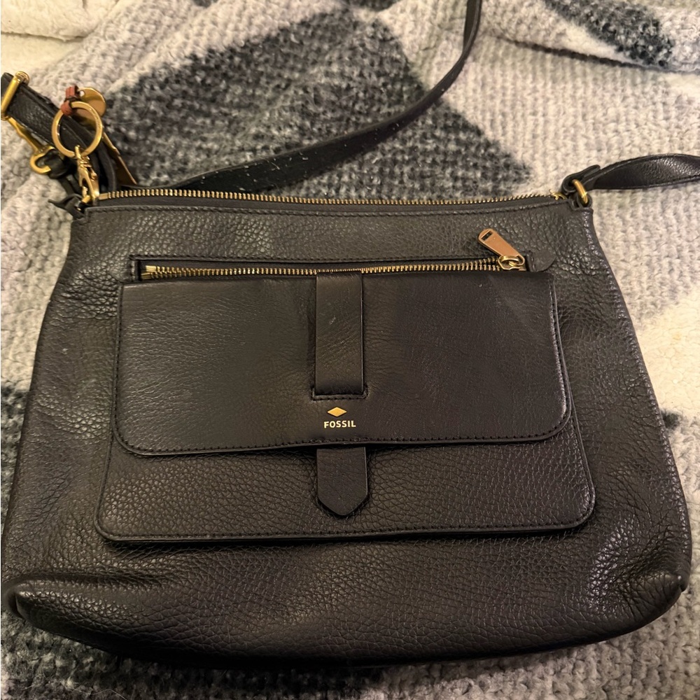 Fossil Black Leather Crossbody with Gold Accents